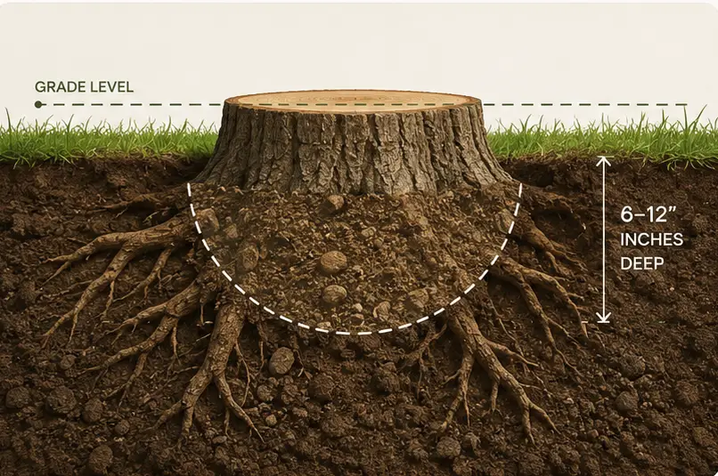 Cross-section of a tree stump in the ground. A dashed line marks grade level at the soil surface, a dashed curve beneath the stump marks the band the grinder takes out, and a dimension arrow to the right is labelled six to twelve inches deep. The old roots spread outwards through the soil and are left in place.